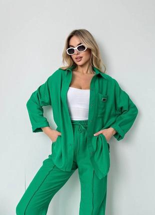 Женский качественный зеленый летний брючный костюм рубашка и брюки лен-жатка1 фото