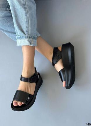 Босоножки женские кожаные черные сандали на липучках4 фото