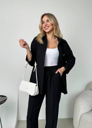 Жіночий якісний чорний літній брючний костюм сорочка і штани льон-жатка