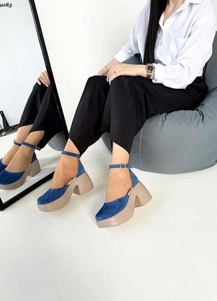 Стильні туфлі  на потовщеній підошві, синій, натуральна замша