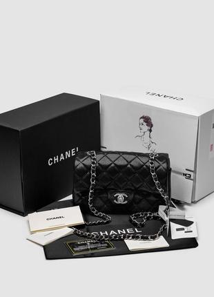 Жіноча сумка в стилі chanel classic 1.55 small single flap in black/silver premium.