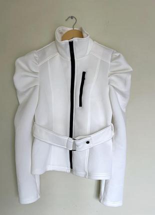 Стильная неопреновая куртка жакет zara р. s с пышными рукавами с поясом5 фото