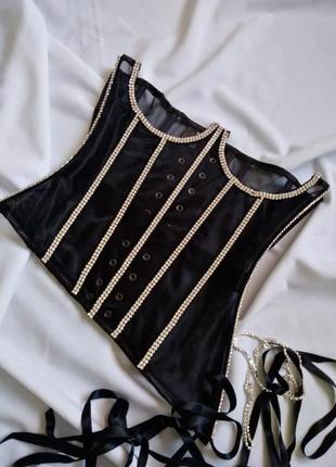 Корсет-утяжка со стразами утягивающий корректирующий корсаж на шнуровке