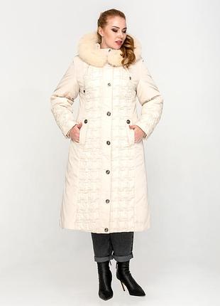 Зимняя женская длинная куртка с натуральным мехом молочная, серая