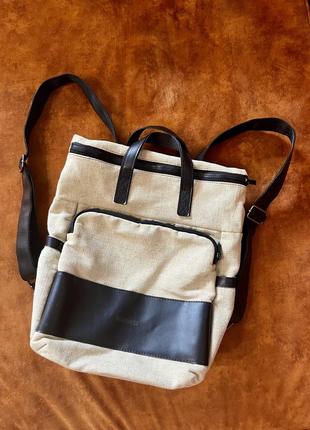 Городской рюкзак для ноутбука зеленый лен экокожа1 фото