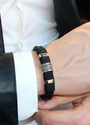 Мужской женский кожаный браслет с металлическими вставками. статусный браслет идеальный подарок2 фото