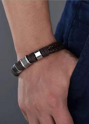 Мужской женский кожаный браслет с металлическими вставками. статусный браслет идеальный подарок6 фото