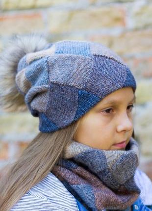 Зимний комплект: двуслойная шапка - бини с помпоном из натурального меха, двуслойный снуд3 фото