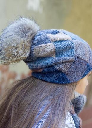 Зимний комплект: двуслойная шапка - бини с помпоном из натурального меха, двуслойный снуд4 фото