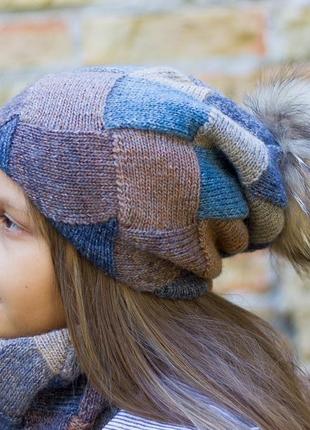 Зимний комплект: двуслойная шапка - бини с помпоном из натурального меха, двуслойный снуд5 фото