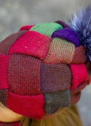 Зимний комплект: двуслойная шапка - бини с помпоном из натурального меха, двуслойный снуд7 фото