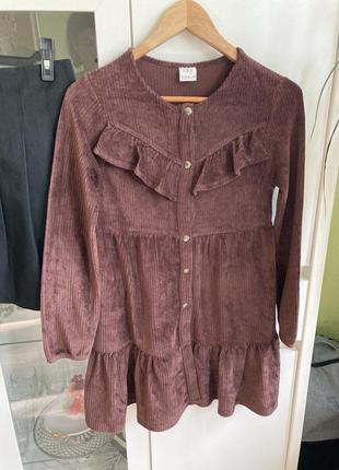 Zara 152 см нова тепла велюрова в рубчик сукня плаття з рюшем ярусна коричнева1 фото