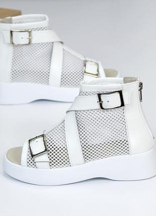 Белые натуральные кожаные босоножки сандалии летние ботинки ботинки с сеткой 36-418 фото