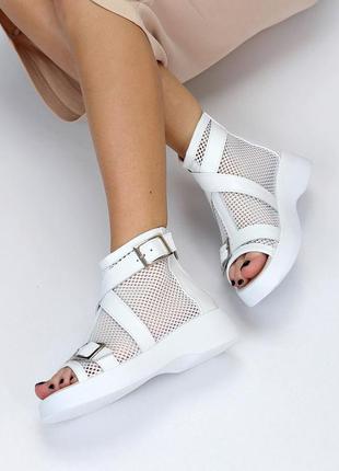 Белые натуральные кожаные босоножки сандалии летние ботинки ботинки с сеткой 36-415 фото
