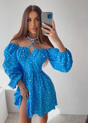 🌈3! шикарна жіноча сукня голуба блакитна голубий голубое женское платье в квіти мини міні плаття