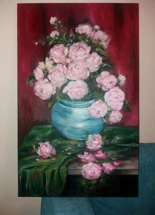 Картина маслом 60×80 живопис квіти троянди на зеленому оксамиті2 фото