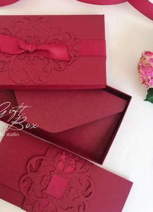 Giftbox "pino" колір 4 (бордовий)- листівка в коробочці4 фото