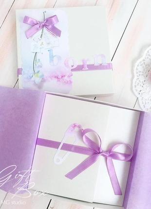 Gift box “baby born/girl” цвет 1 - коробочка с открыткой и конвертом внутри.4 фото