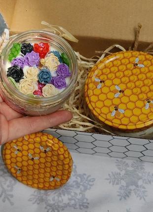Подарунковий набір з екологічно чистих воскових свічок з бджолиного та соєвого воску в баночках3 фото