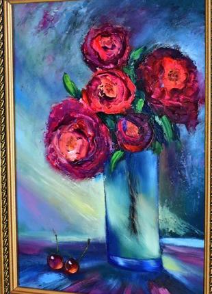 Троянди, натюрморт у яскравих синьо-рожевих тонах, 25х35см
