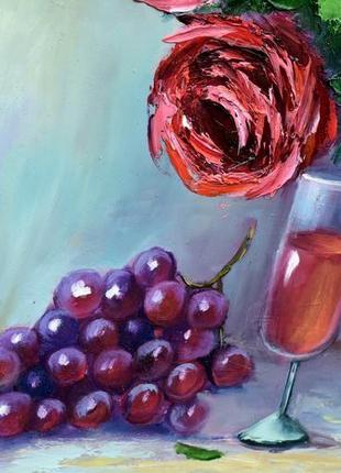 Червоні троянди, келих вина, живопис олією, оргалит,30х50см5 фото