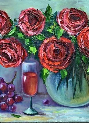 Червоні троянди, келих вина, живопис олією, оргалит,30х50см6 фото