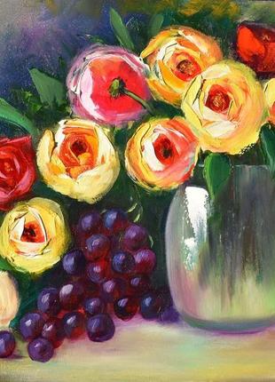 Розы и виноград, живопись оргалит,30х40