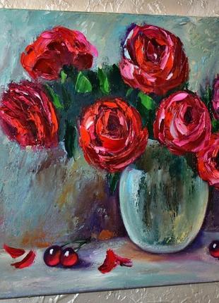 Яркие розы мастихином, натюрморт, холст подрамник,35х45см1 фото