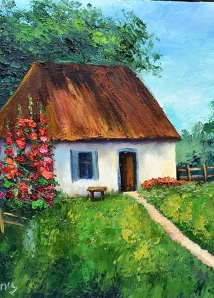 Домик на лесной полянке, пейзаж маслом, оргалит, 30х30см