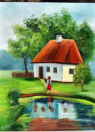Украинский дом, украинская девушка, пейзаж, оргалит,35х45