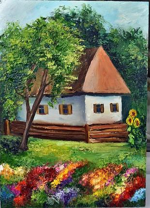 Уютная картина, сельский домик, пейзаж природа, оргалит,25х35см