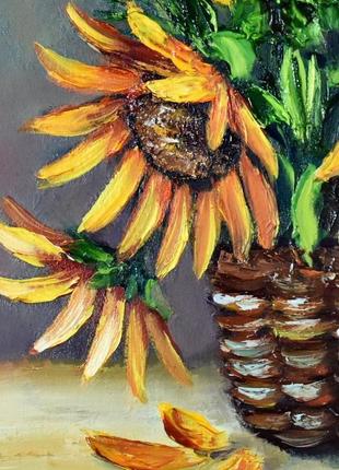 Яскраві соняшники мастихіном, натюрморт, оргаліт, 30х405 фото