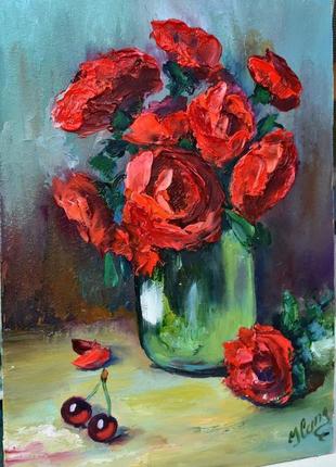 Яркие розы, натюрморт, живопись мастихином,размер оргалита 21х26см2 фото