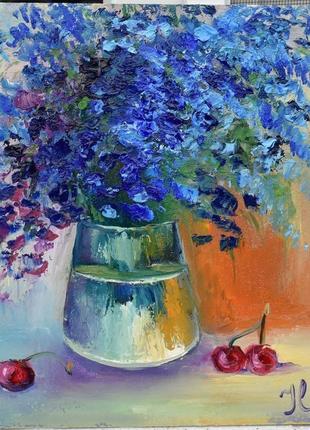 Синие цветы, натюрморт с вишенкой, оргалит,20х20