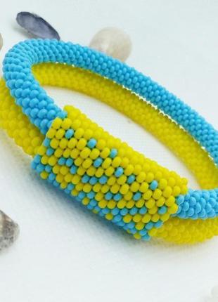 Желто-голубой браслет с бисера, украшение, жгут из бисера1 фото