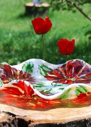 Блюдо скляне "червоні квіти", фьюзінг.5 фото