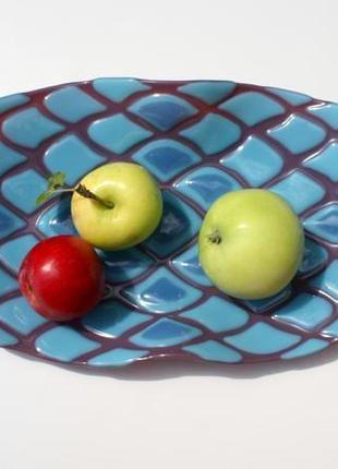 Блакитне скляне блюдо для фруктів4 фото