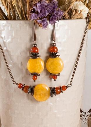 Комплект украшений браслет и серьги с жёлтым кварцем "закатное солнце"