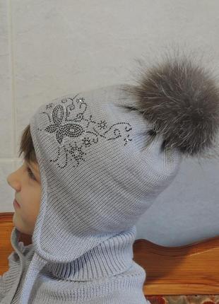 Шапка зимняя на хлопковой подкладке с помпоном из натурального меха2 фото