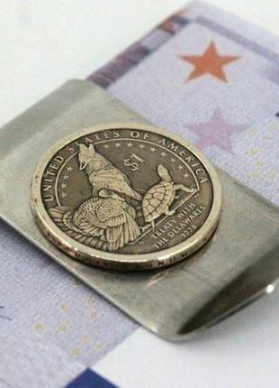 Затиск для грошей з монетою 1 dollar usa сакагавея - делаверский договір 1778