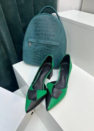 Ексклюзивні туфлі лодочки з італійської шкіри та замші жіночі на підборах з бантиком10 фото