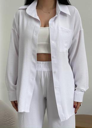 Женский качественный летний брючный белый костюм рубашка и свободные широкие брюки креп-жатка