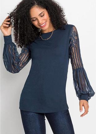 Синя трикотажна блyза з мереживним рукавом bodyflirt #3164