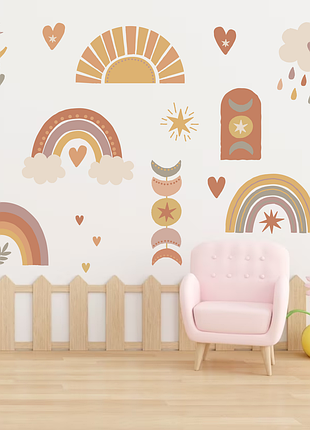 Вінілова інтер'єрна наклейка кольорова декор на стіну "веселки. boho kids style. стиль бохо діти"