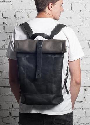Кожаный мужской рюкзак roll top (черный)6 фото