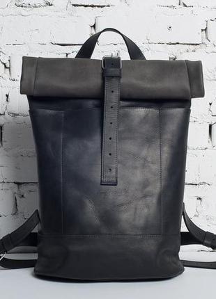 Шкіряний чоловічий рюкзак roll top (чорний)1 фото