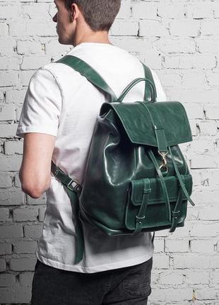 Женский/мужской кожаный рюкзак trevel (зеленый)7 фото
