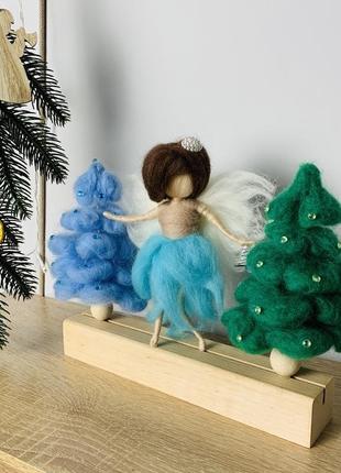 Новорічний ангел та ялинки ручна робота з вовни , різдвяні іграшки , новорічні прикраси під ялинку