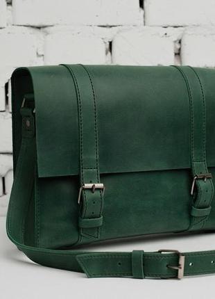 Женская кожаная сумка student bag через плечо зеленого цвета3 фото