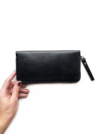 Женский/мужской кожаный кошелек zip wallet (черный)2 фото
